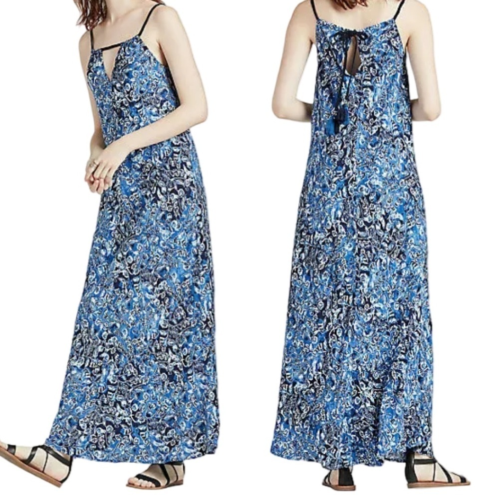 NWT LUCKY BRAND Indigo Floral Maxi Dress Boho Tassel Beach Dress Cover Up Size S - Picture 16 of 16
